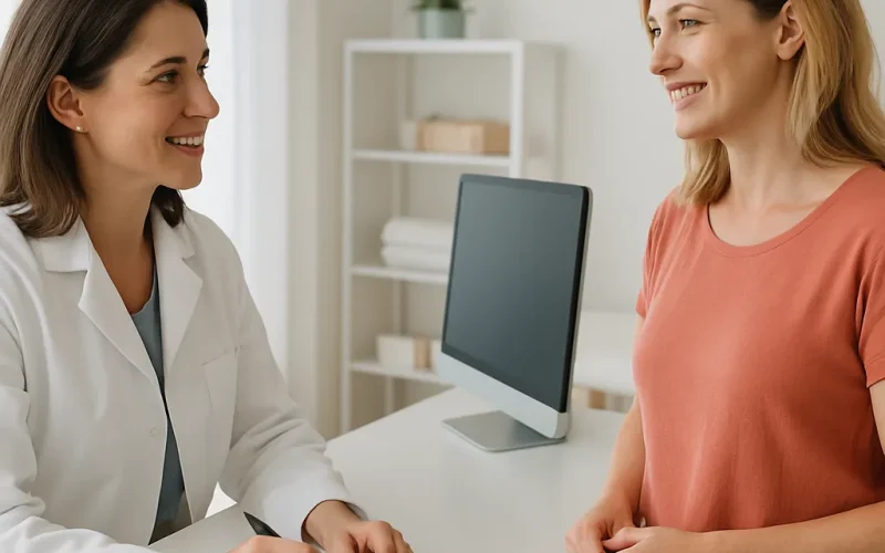 Dermatologist consulting a cosmetic patient, illustrating dermatology marketing for premium cash services.