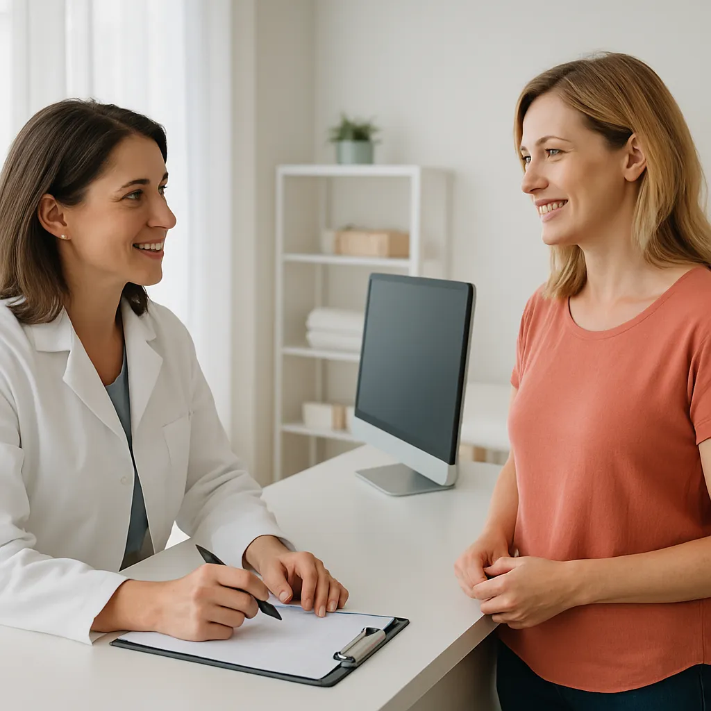 Dermatologist consulting a cosmetic patient, illustrating dermatology marketing for premium cash services.