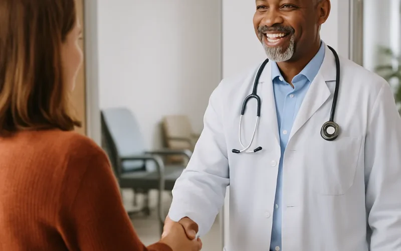 Doctor reviewing Google Business Profile mistakes on a laptop at a clinic reception desk