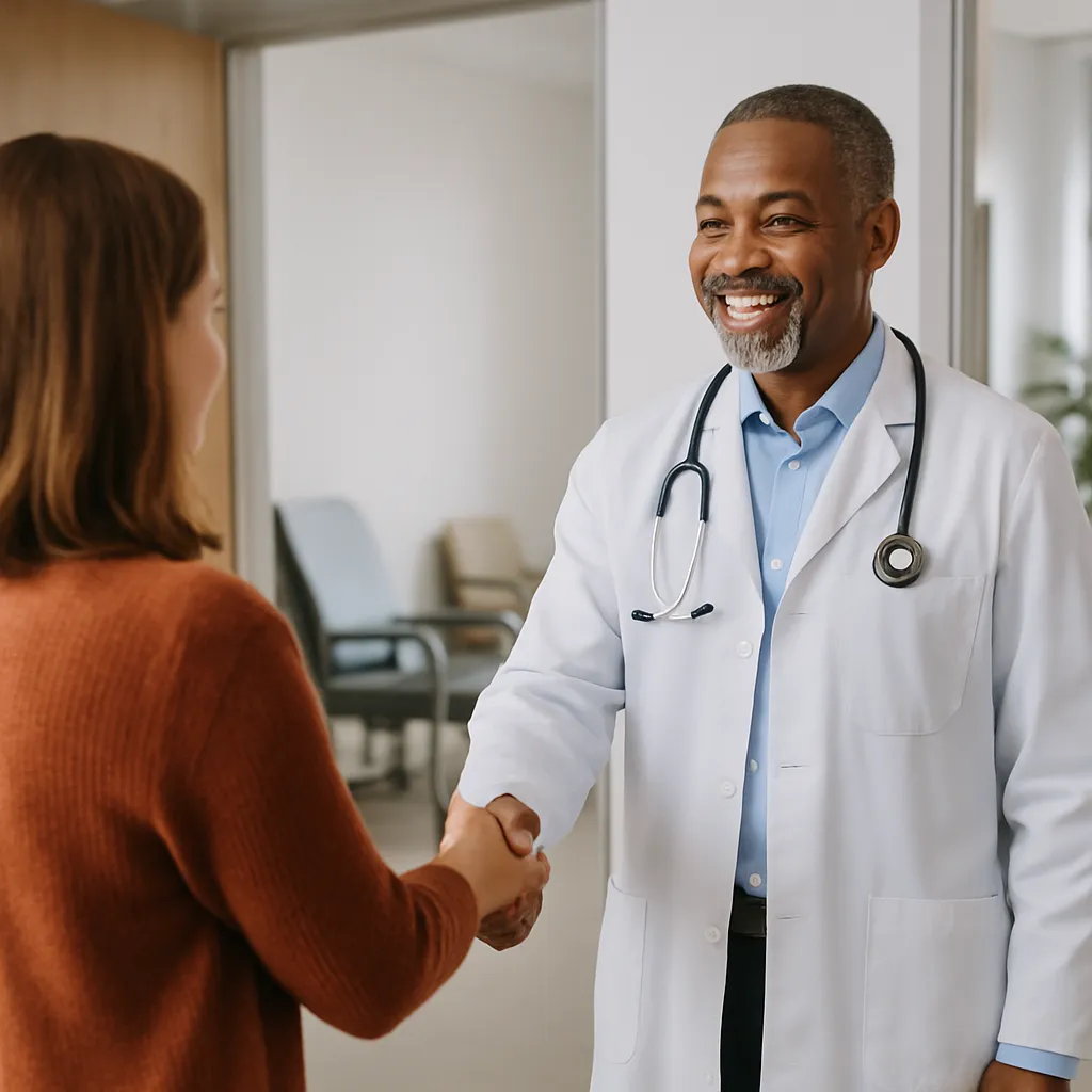 Doctor reviewing Google Business Profile mistakes on a laptop at a clinic reception desk