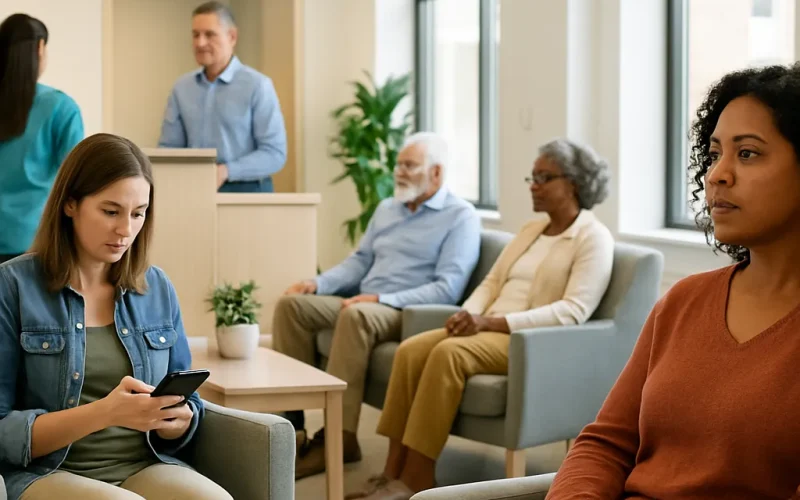 A front desk coordinator reviewing a schedule full of discount patients who did not return.