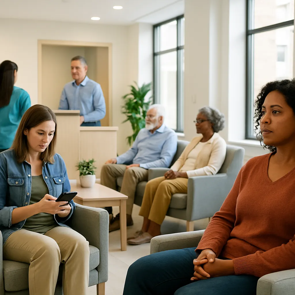 A front desk coordinator reviewing a schedule full of discount patients who did not return.