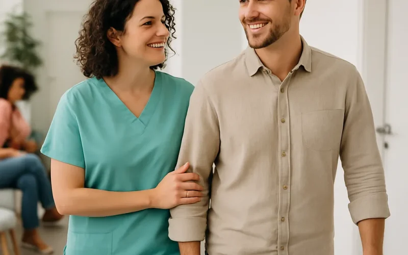 Frustrated new patient closing medical website pop-ups on a laptop screen.