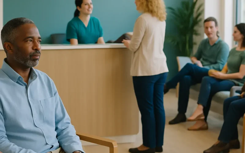 A doctor consulting with second-opinion seekers in a calm exam room.