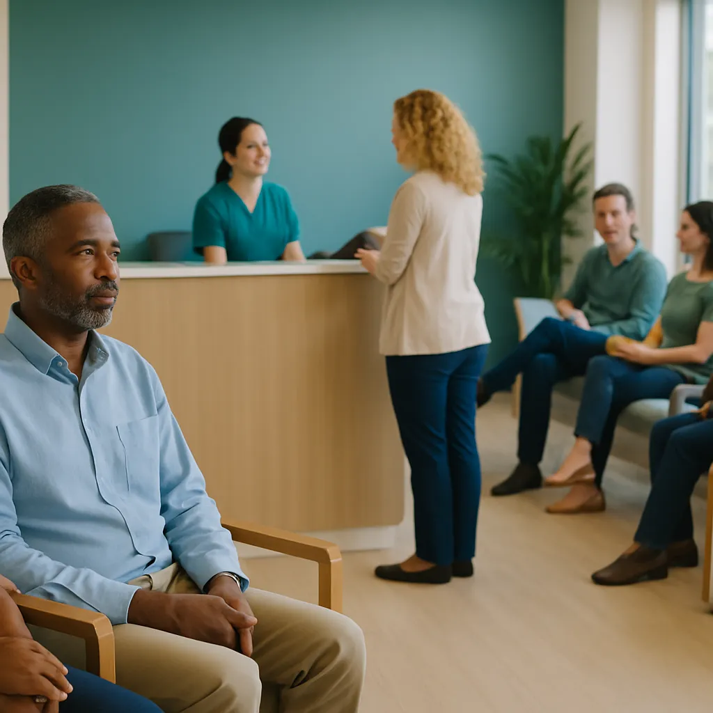 A doctor consulting with second-opinion seekers in a calm exam room.