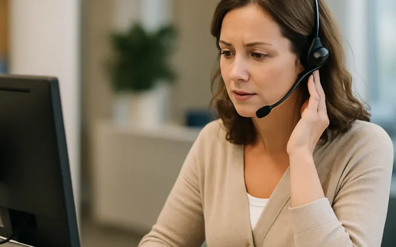 Medical receptionist handling voice AI call transfers at a busy front desk