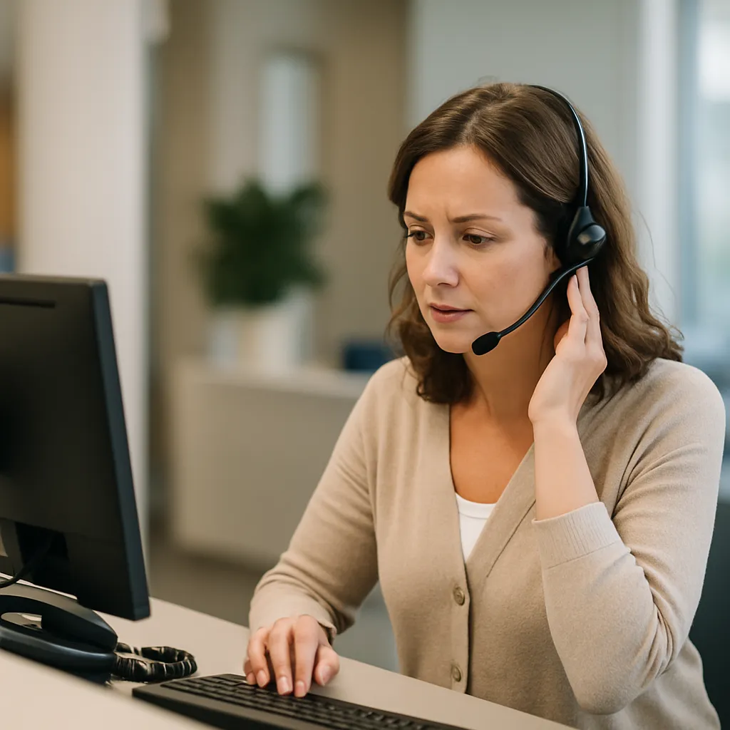 Medical receptionist handling voice AI call transfers at a busy front desk